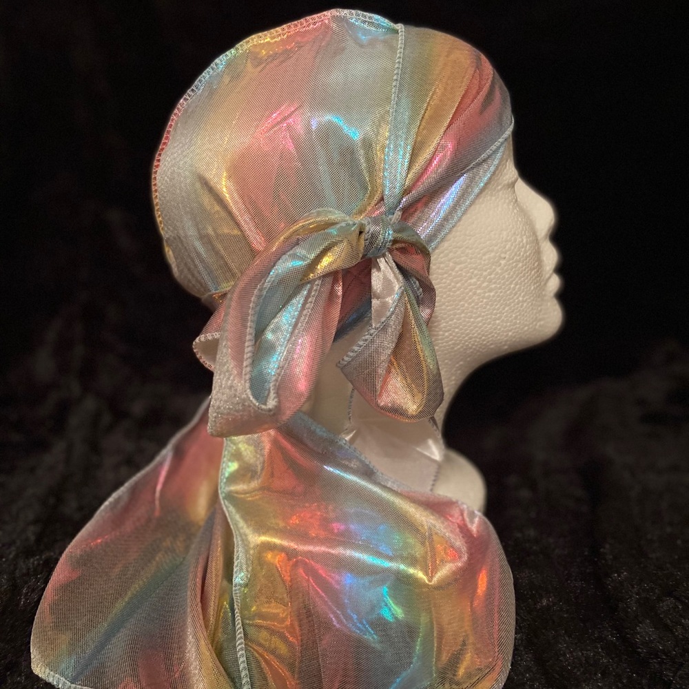 White multi colored satin Durag